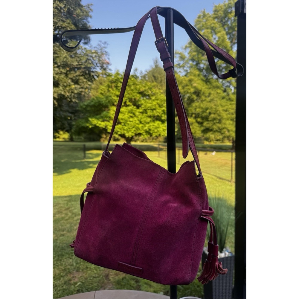 Fossil Magenta Suede Crossbody Shoulder Bag Drawstring Tassel Purse Berry Pink